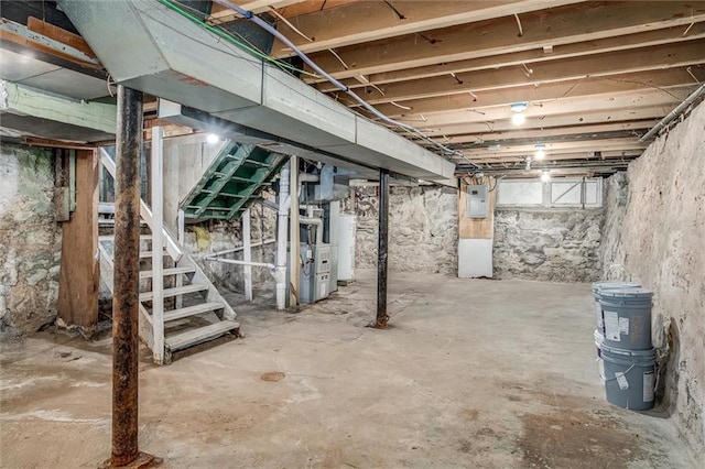 basement with electric panel and water heater