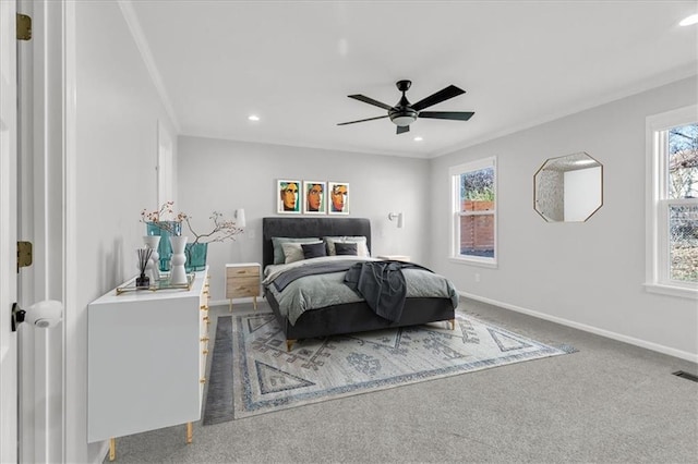 bedroom featuring baseboards, recessed lighting, ceiling fan, ornamental molding, and carpet flooring