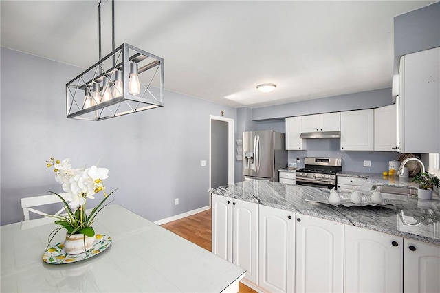 kitchen with under cabinet range hood, a peninsula, stainless steel appliances, white cabinetry, and a sink