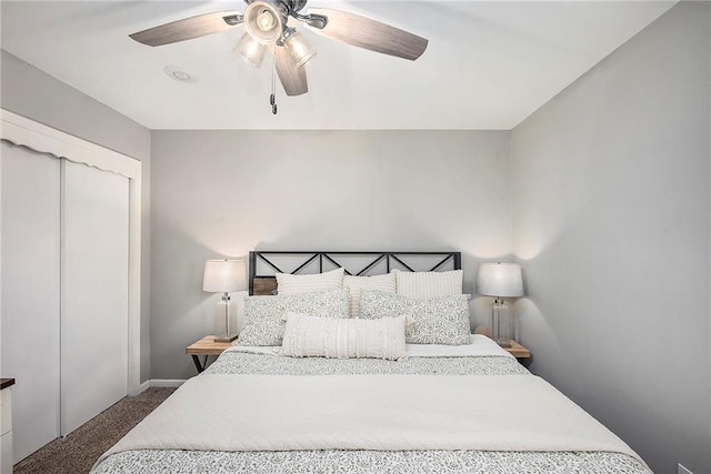 bedroom with baseboards, a ceiling fan, and carpet flooring