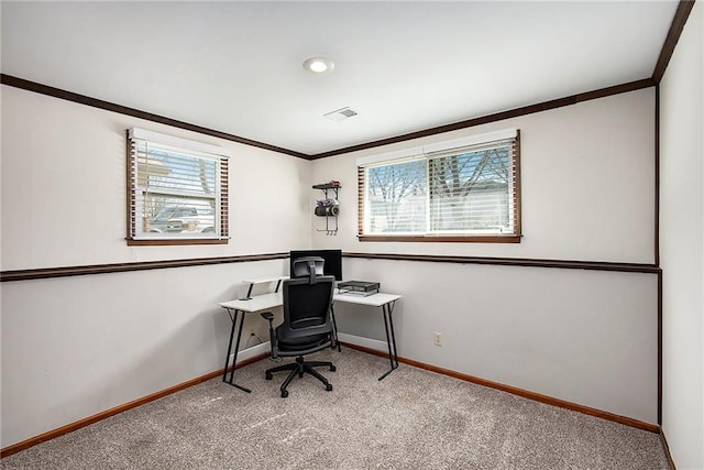 home office with visible vents, baseboards, carpet, and crown molding