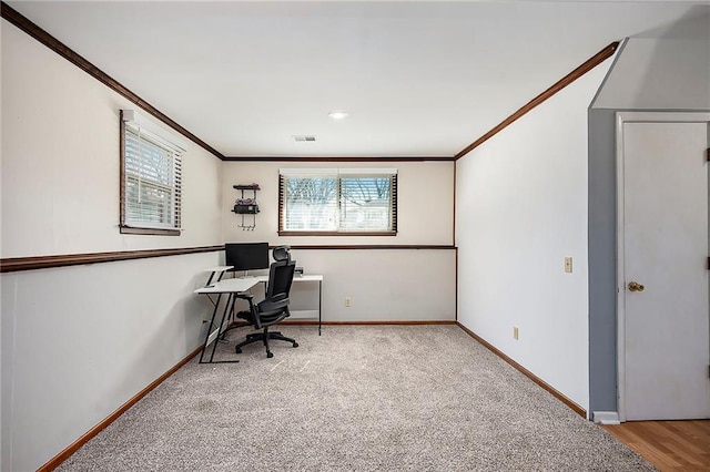 carpeted office featuring visible vents, baseboards, and ornamental molding