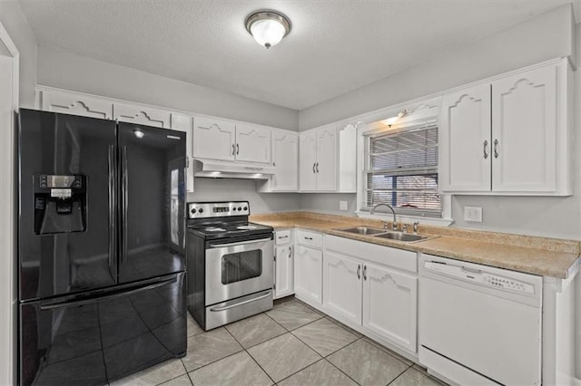 kitchen with white dishwasher, a sink, stainless steel range with electric stovetop, under cabinet range hood, and black fridge