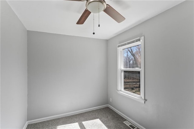 unfurnished room featuring visible vents, baseboards, ceiling fan, and carpet flooring