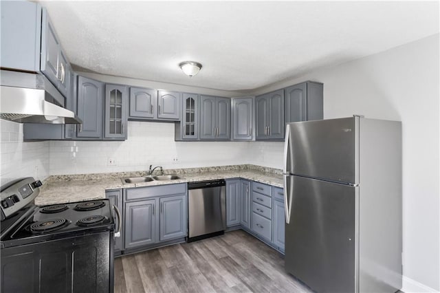 kitchen with wood finished floors, gray cabinets, a sink, appliances with stainless steel finishes, and exhaust hood