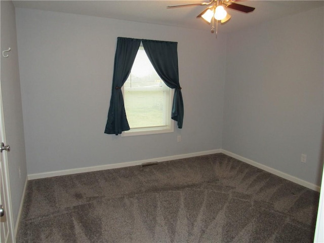 unfurnished room featuring visible vents, a ceiling fan, baseboards, and carpet floors