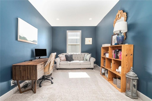 home office featuring recessed lighting, baseboards, and carpet floors