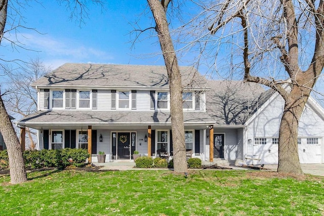 view of front facade with an attached garage, covered porch, a shingled roof, a front lawn, and concrete driveway