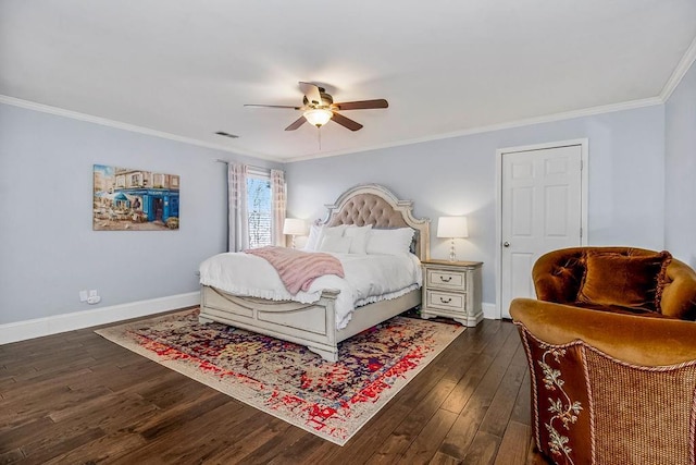 bedroom with crown molding, a ceiling fan, dark wood-type flooring, and baseboards