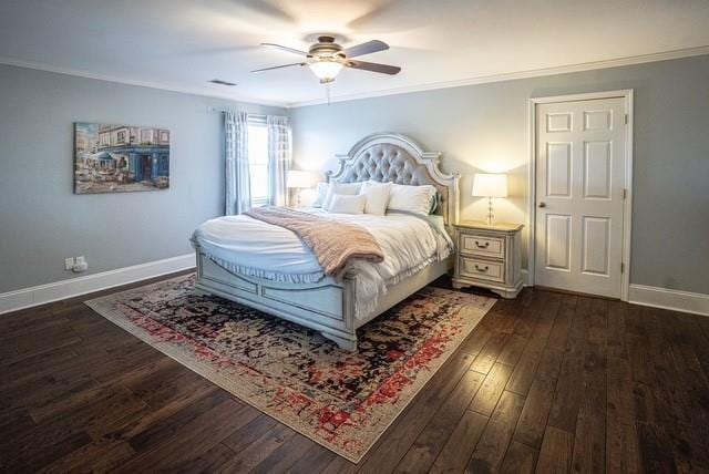 bedroom featuring baseboards, ornamental molding, a ceiling fan, and dark wood-style floors
