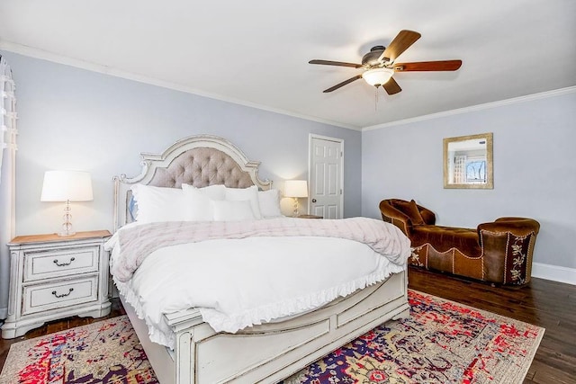 bedroom with ceiling fan, baseboards, ornamental molding, and wood finished floors