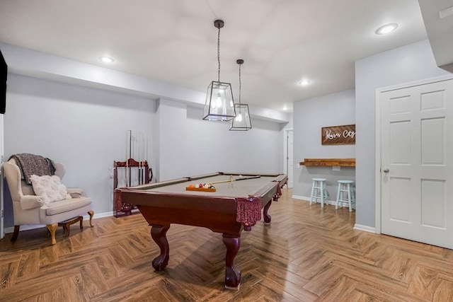 game room featuring recessed lighting, pool table, and baseboards