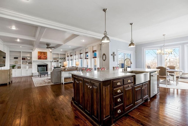 kitchen featuring stainless steel dishwasher, dark brown cabinets, dark wood finished floors, and a sink
