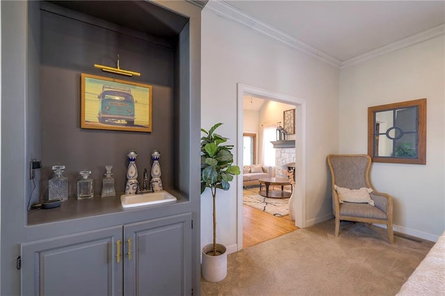 bar with bar area, crown molding, baseboards, light carpet, and a sink