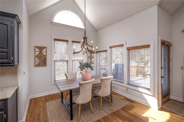 dining area featuring wood finished floors, baseboards, visible vents, high vaulted ceiling, and a notable chandelier