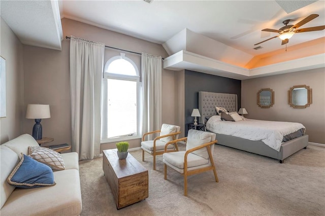 bedroom with carpet flooring, baseboards, and ceiling fan