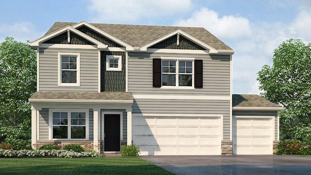 craftsman-style house with stone siding, driveway, and a shingled roof