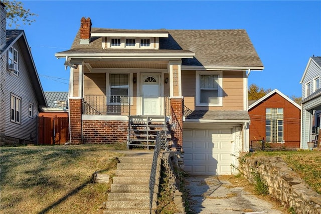 bungalow-style house with concrete driveway, a garage, roof with shingles, and a chimney