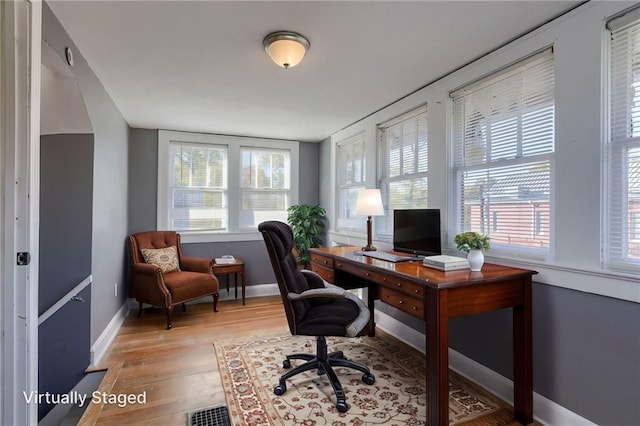 2850 Mersington Ave, Kansas City, MO 64128 - office area featuring visible vents, light wood-style flooring, and baseboards