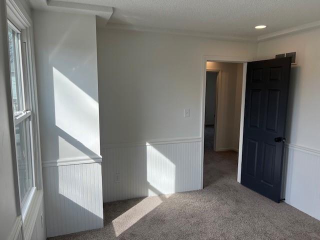 carpeted empty room with a wainscoted wall and a textured ceiling