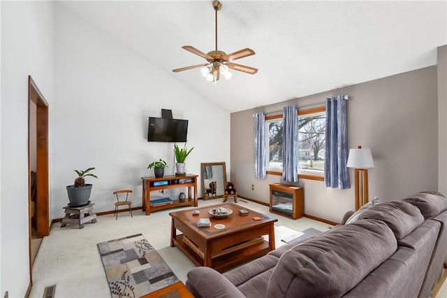 living area featuring visible vents, baseboards, light colored carpet, high vaulted ceiling, and a ceiling fan