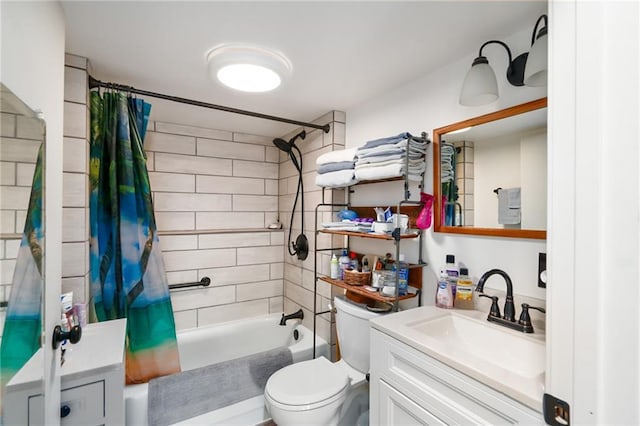 bathroom featuring shower / bath combination with curtain, toilet, and vanity