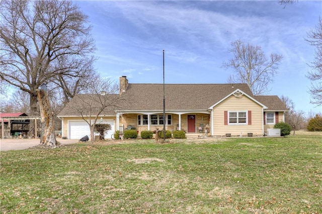 ranch-style house featuring a shingled roof, a front yard, a chimney, a garage, and driveway