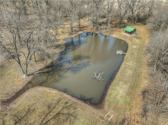 bird's eye view with a water view