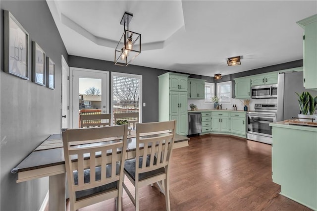 dining room with a tray ceiling and dark wood-style flooring