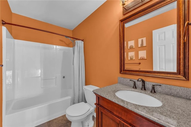 bathroom featuring tile patterned floors, toilet, vanity, and shower / tub combo with curtain