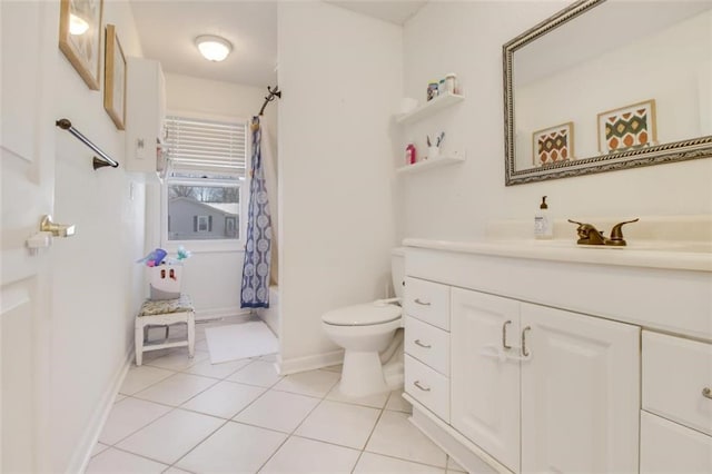 full bath with tile patterned flooring, baseboards, toilet, vanity, and shower / bathtub combination with curtain