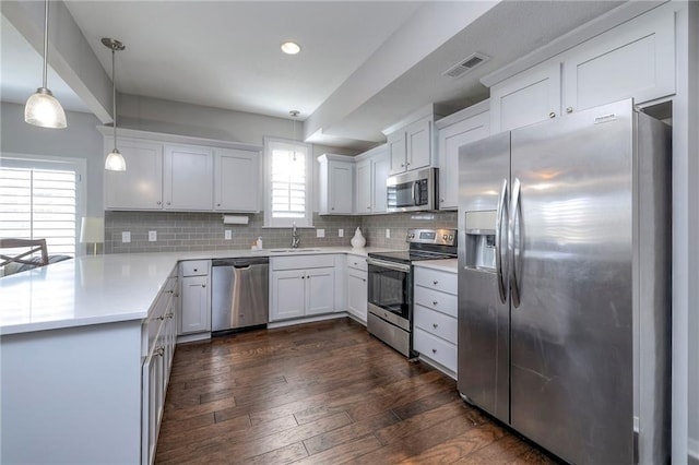 kitchen featuring visible vents, a sink, decorative backsplash, stainless steel appliances, and dark wood-style flooring