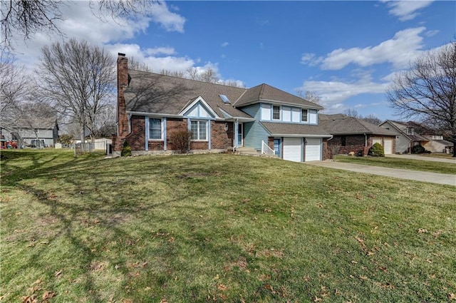 tri-level home featuring a front lawn, concrete driveway, a garage, brick siding, and a chimney