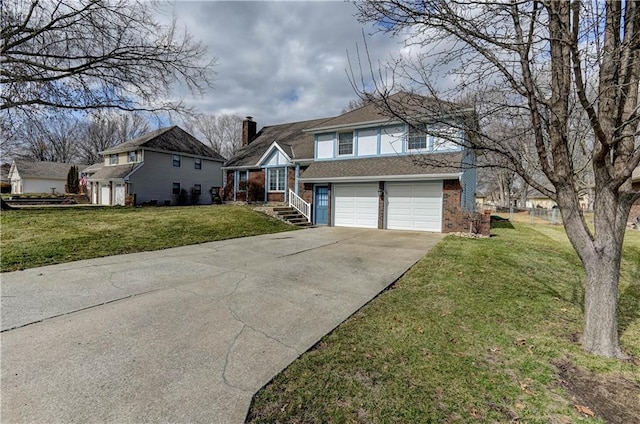 tri-level home with concrete driveway, brick siding, and a front lawn