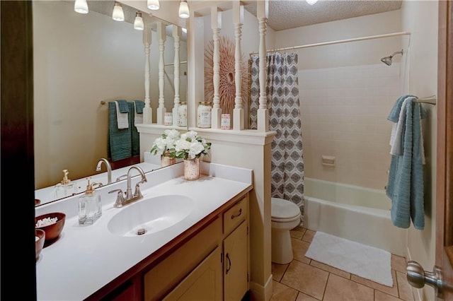 bathroom with vanity, tile patterned flooring, a textured ceiling, toilet, and shower / tub combo with curtain