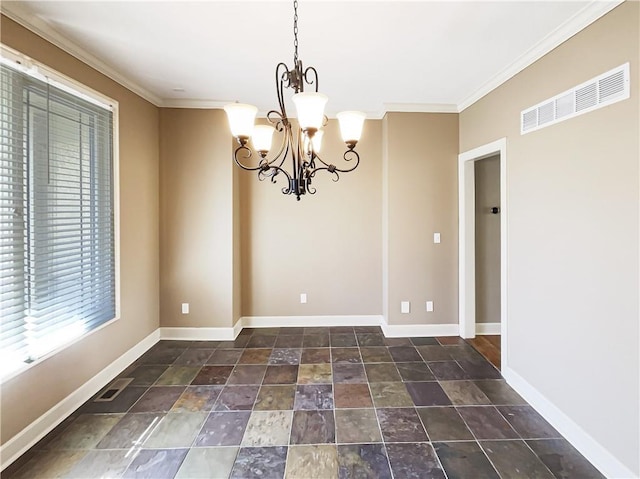 spare room with an inviting chandelier, baseboards, and visible vents