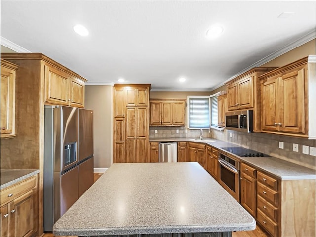 2300 Silver Spring Ln, Lees Summit, MO 64086 - kitchen featuring stainless steel appliances, a center island, ornamental molding, backsplash, and recessed lighting