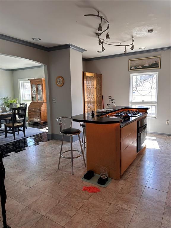 kitchen with baseboards, dark countertops, ornamental molding, and arched walkways