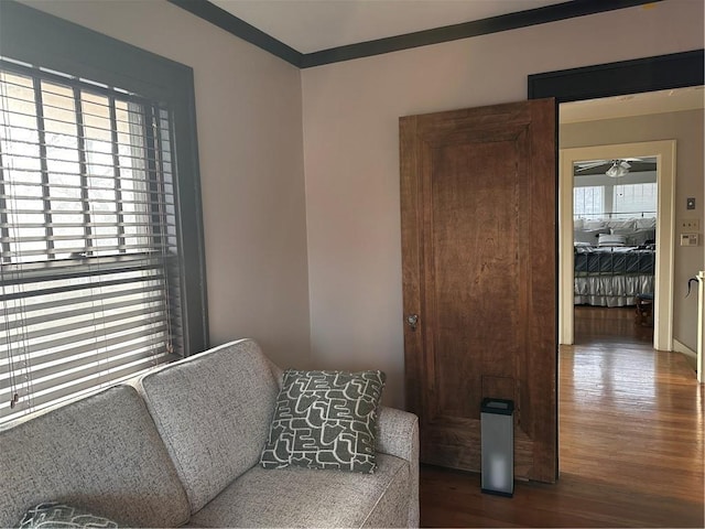 living area featuring a ceiling fan and dark wood-style floors