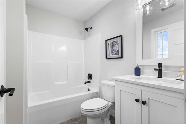 bathroom with bathing tub / shower combination, visible vents, toilet, and vanity