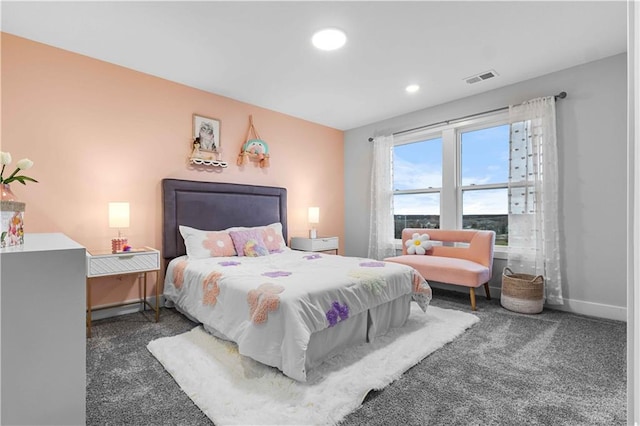 carpeted bedroom with visible vents, recessed lighting, and baseboards