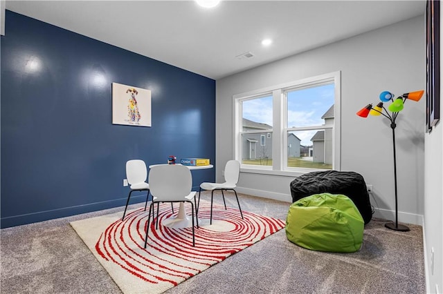 interior space featuring recessed lighting, carpet, and baseboards