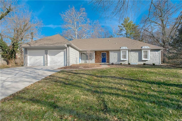 single story home featuring a front yard, a garage, and driveway