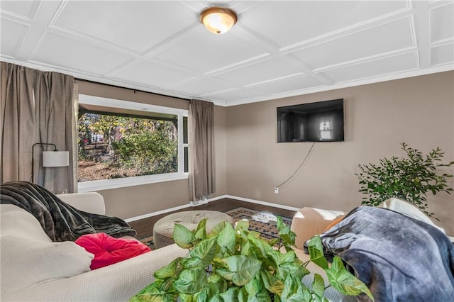 living room featuring wood finished floors, baseboards, and coffered ceiling