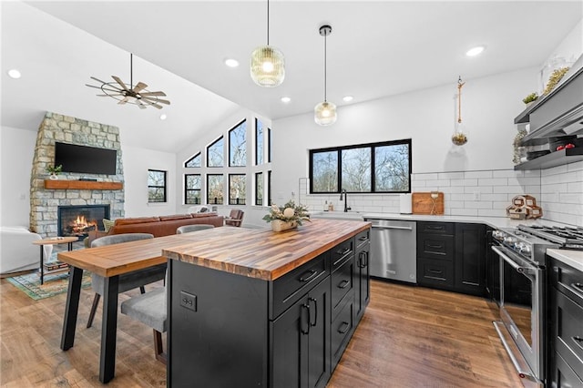 kitchen with appliances with stainless steel finishes, a fireplace, wood finished floors, wood counters, and dark cabinets