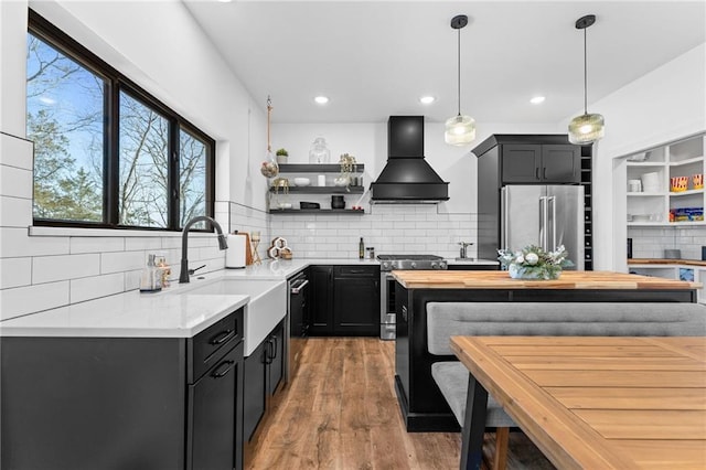 kitchen featuring open shelves, appliances with stainless steel finishes, dark cabinetry, custom exhaust hood, and a sink