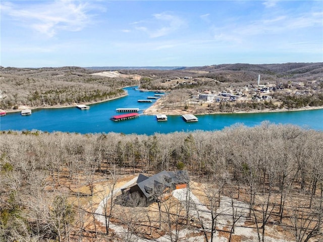 aerial view featuring a water view