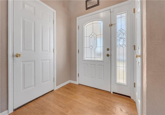 foyer with a wealth of natural light, light wood-style flooring, and baseboards