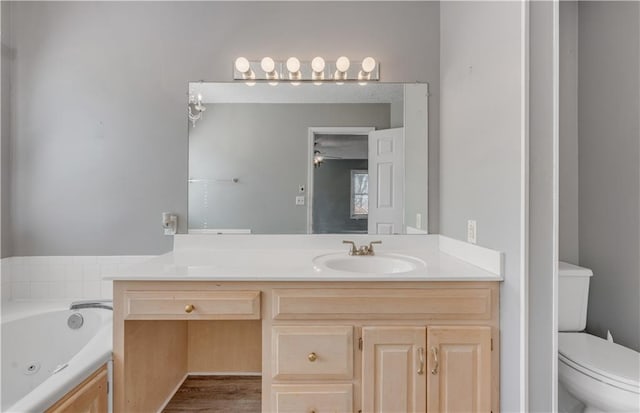 bathroom with wood finished floors, toilet, vanity, and a whirlpool tub