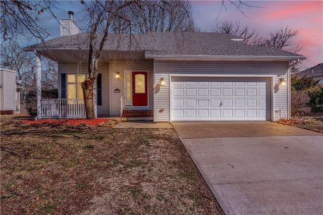 single story home with concrete driveway, roof with shingles, covered porch, a chimney, and an attached garage